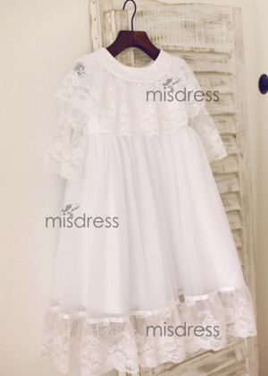 Long Sleeves White Lace Tulle Flower Girl Dress With Attached Cape